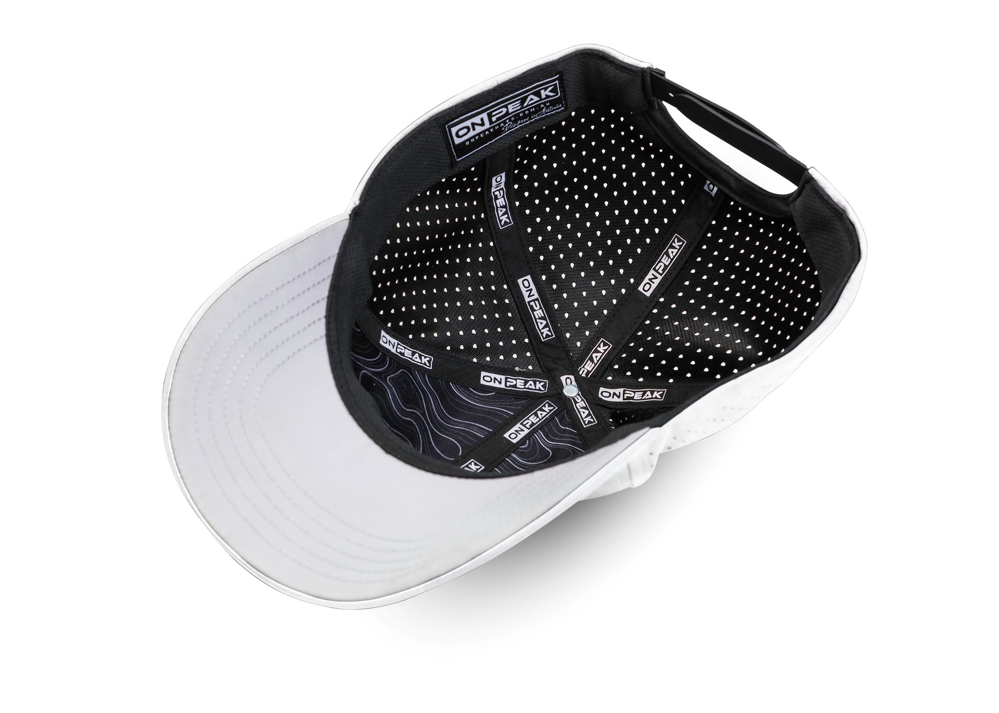 inside image showcasing the Arctic White Hat by Onpeak Hats. The cap's pristine white color is elegantly highlighted, while its advanced features, including UV protection, antimicrobial sweatband, buoyant visor core, and moisture-wicking technology. This image encapsulates the essence of a versatile running hat, gym hat, and sports hat that seamlessly combines fashion and performance.