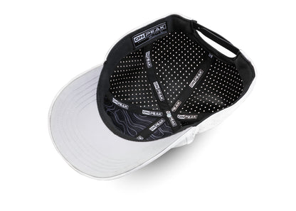 inside image showcasing the Arctic White Hat by Onpeak Hats. The cap's pristine white color is elegantly highlighted, while its advanced features, including UV protection, antimicrobial sweatband, buoyant visor core, and moisture-wicking technology. This image encapsulates the essence of a versatile running hat, gym hat, and sports hat that seamlessly combines fashion and performance.