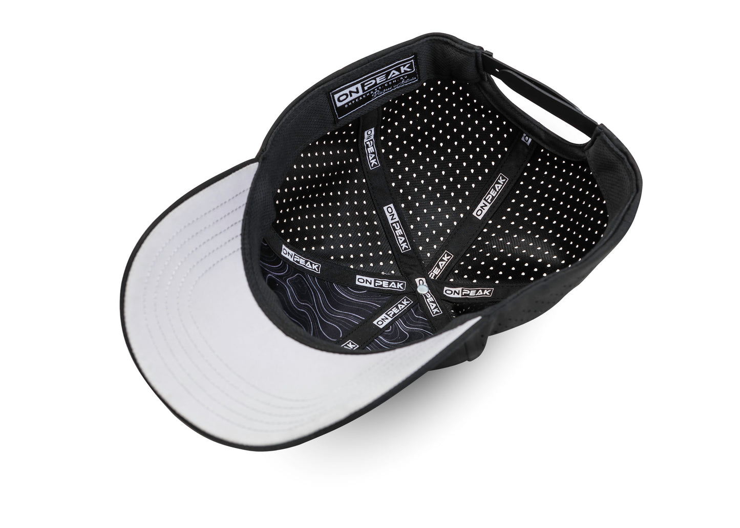 Inside image showcasing the Stealth Black Hat by Onpeak Hats. The cap's Black color is elegantly highlighted, while its advanced features, including UV protection, antimicrobial sweatband, buoyant visor core, and moisture-wicking technology. This image encapsulates the essence of a versatile running hat, gym hat, and sports hat that seamlessly combines fashion and performance.