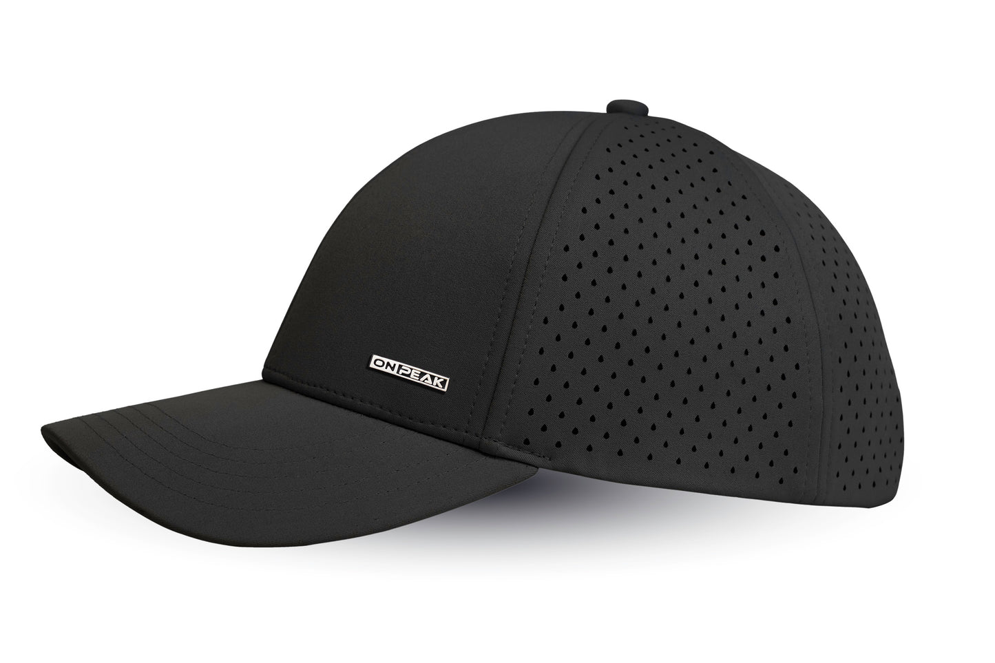 Left Side image showcasing the Stealth Black Hat by Onpeak Hats. The cap's Black color is elegantly highlighted, while its advanced features, including UV protection, antimicrobial sweatband, buoyant visor core, and moisture-wicking technology. This image encapsulates the essence of a versatile running hat, gym hat, and sports hat that seamlessly combines fashion and performance.