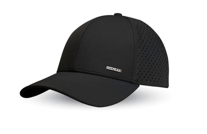 three quarter image showcasing the Stealth Black Hat by Onpeak Hats. The cap's Black color is elegantly highlighted, while its advanced features, including UV protection, antimicrobial sweatband, buoyant visor core, and moisture-wicking technology. This image encapsulates the essence of a versatile running hat, gym hat, and sports hat that seamlessly combines fashion and performance.