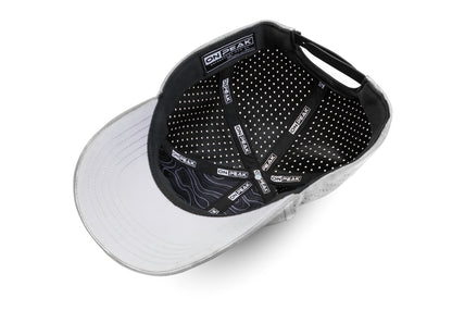 Inside image showcasing the Grey Hat by Onpeak Hats. The cap's Grey color is elegantly highlighted, while its advanced features, including UV protection, antimicrobial sweatband, buoyant visor core, and moisture-wicking technology. This image encapsulates the essence of a versatile running hat, gym hat, and sports hat that seamlessly combines fashion and performance.