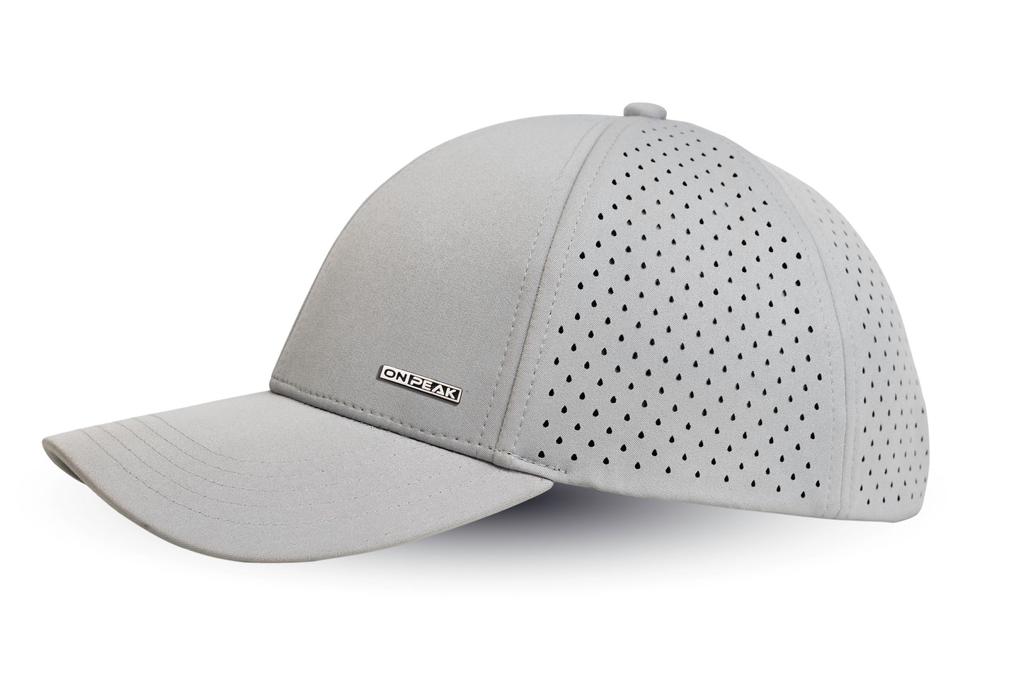 Left Side image showcasing the Grey Hat by Onpeak Hats. The cap's Grey color is elegantly highlighted, while its advanced features, including UV protection, antimicrobial sweatband, buoyant visor core, and moisture-wicking technology. This image encapsulates the essence of a versatile running hat, gym hat, and sports hat that seamlessly combines fashion and performance.