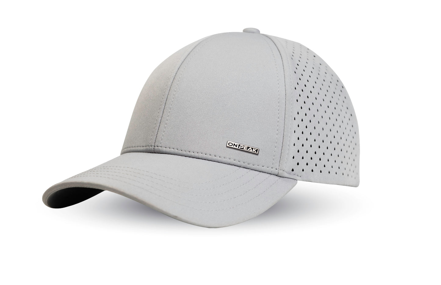 three quarter image showcasing the Grey Hat by Onpeak Hats. The cap's Grey color is elegantly highlighted, while its advanced features, including UV protection, antimicrobial sweatband, buoyant visor core, and moisture-wicking technology. This image encapsulates the essence of a versatile running hat, gym hat, and sports hat that seamlessly combines fashion and performance.