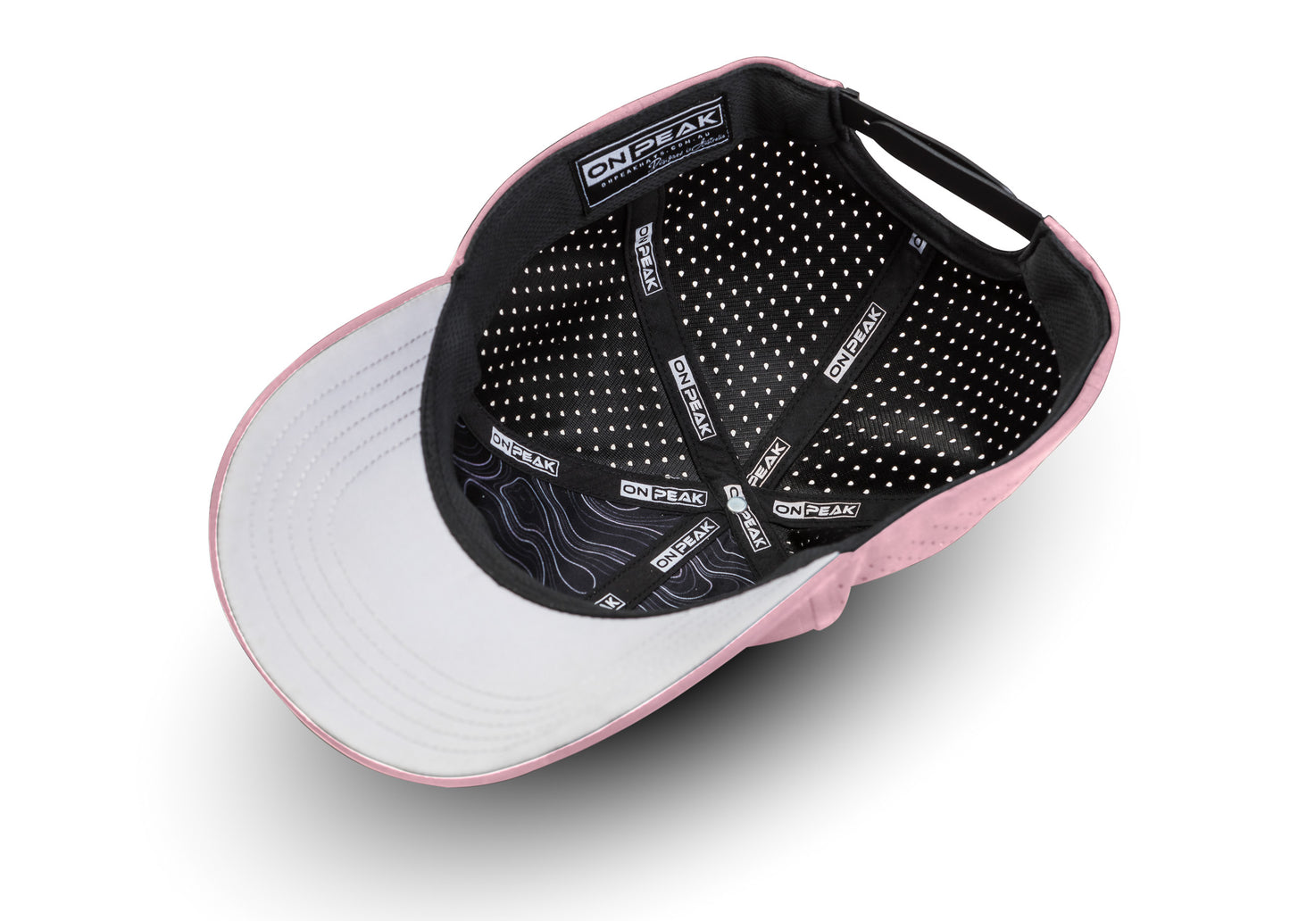 Inside image showcasing the Sunset Pink Hat by Onpeak Hats. The cap's Pink color is elegantly highlighted, while its advanced features, including UV protection, antimicrobial sweatband, buoyant visor core, and moisture-wicking technology. This image encapsulates the essence of a versatile running hat, gym hat, and sports hat that seamlessly combines fashion and performance.