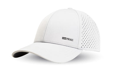 hree quarter image showcasing the Arctic White Hat by Onpeak Hats. The cap's pristine white color is elegantly highlighted, while its advanced features, including UV protection, antimicrobial sweatband, buoyant visor core, and moisture-wicking technology. This image encapsulates the essence of a versatile running hat, gym hat, and sports hat that seamlessly combines fashion and performance.