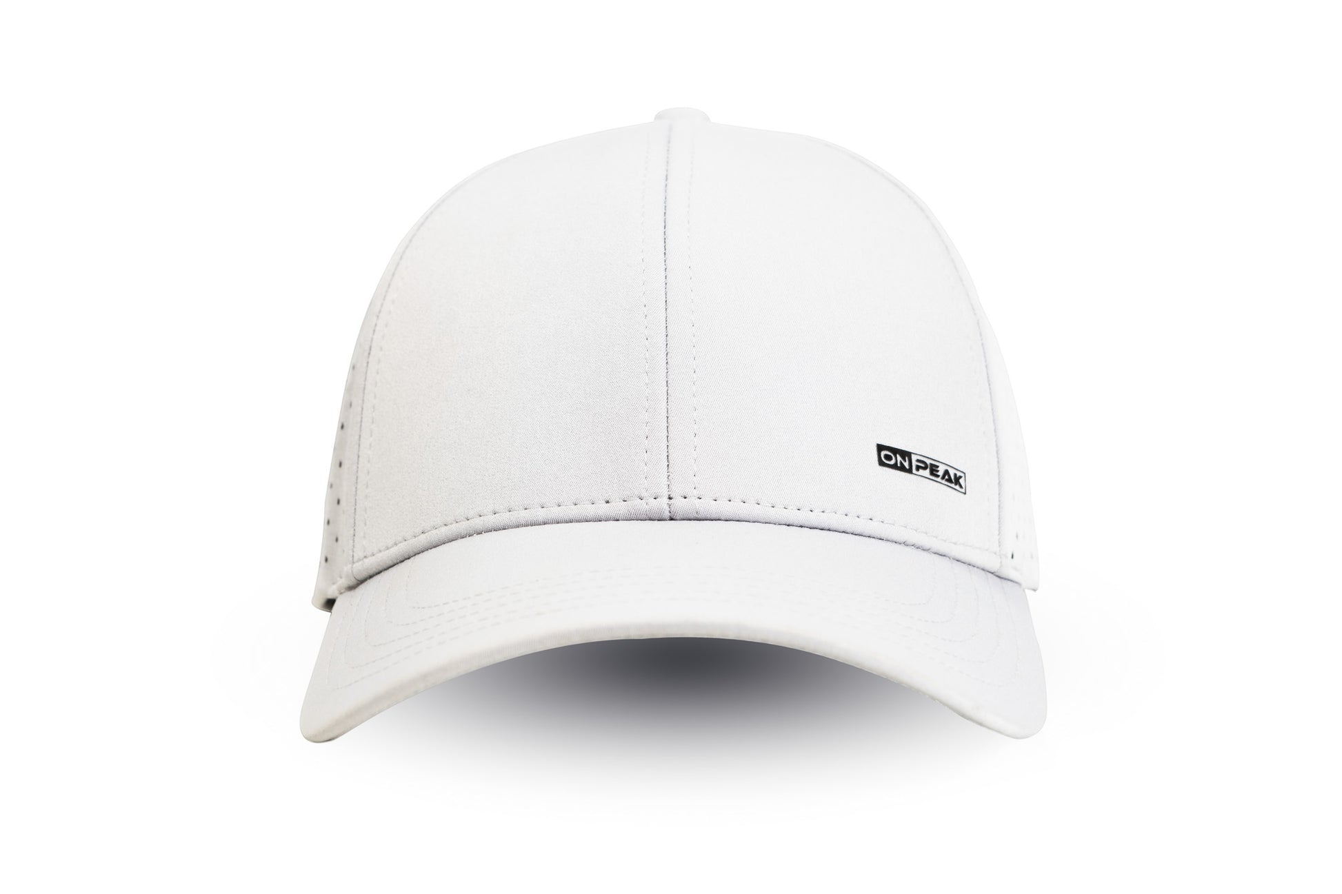 front image showcasing the Arctic White Hat by Onpeak Hats. The cap's pristine white color is elegantly highlighted, while its advanced features, including UV protection, antimicrobial sweatband, buoyant visor core, and moisture-wicking technology. This image encapsulates the essence of a versatile running hat, gym hat, and sports hat that seamlessly combines fashion and performance.