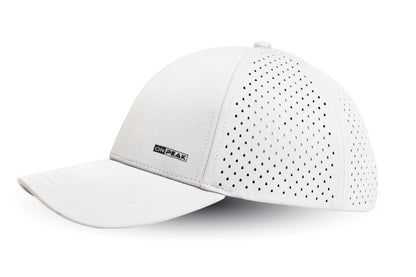 Left Side image showcasing the Arctic White Hat by Onpeak Hats. The cap's pristine white color is elegantly highlighted, while its advanced features, including UV protection, antimicrobial sweatband, buoyant visor core, and moisture-wicking technology. This image encapsulates the essence of a versatile running hat, gym hat, and sports hat that seamlessly combines fashion and performance.